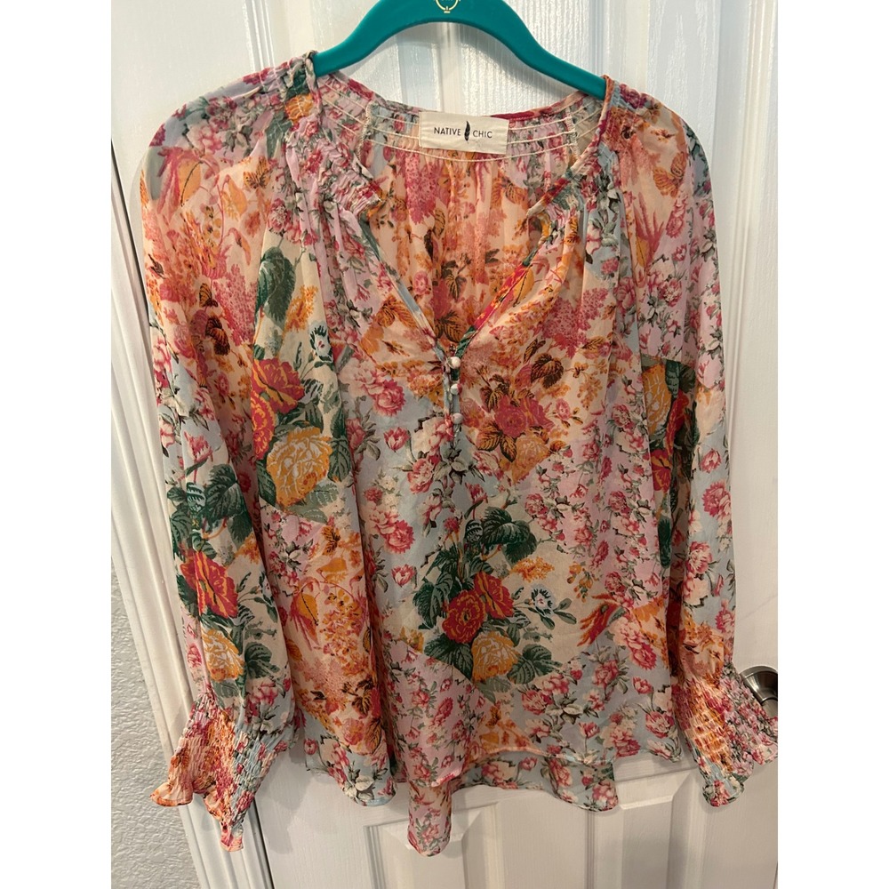 Native Chic Blouse Floral Patchwork Pink Orange Blue Boho Smocked Cuff Top L